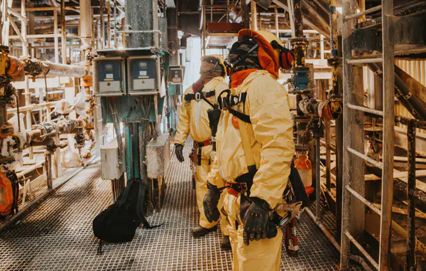 Operarios de Walvis recorriendo la planta con traje de protección química